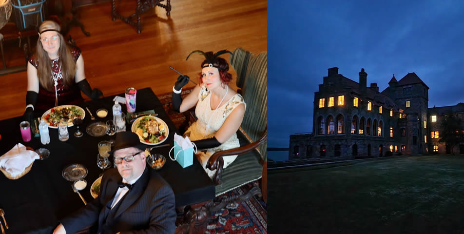 Speakeasy dinner party (left); Singer Castle (right)