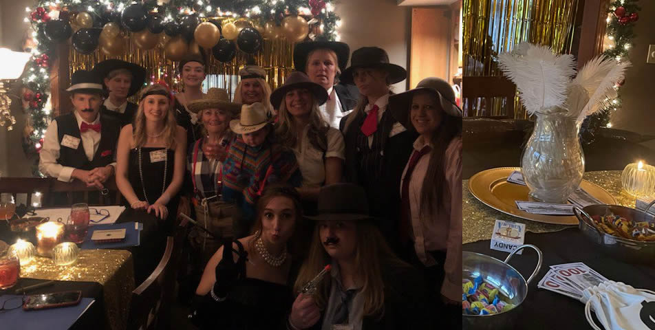 Stacy's Speakeasy party - group photo and decorations