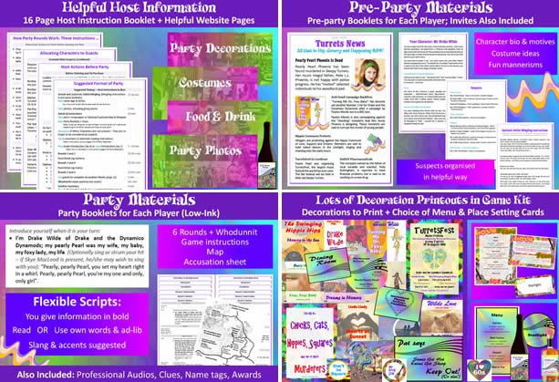 Party kit for 'Murder in the Swinging Sixties': host information, pre-party files, party files, extensive printables