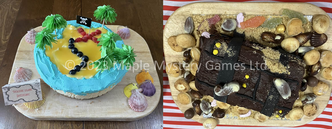 Treasure island cheesecake (left) and treasure chest cake (right)