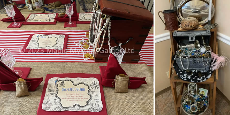 Left photo = dining table adorned with treasure chest, treasure map place settings, treasure map menu and loot bags. Right photo = treasure chest made from styrofoam