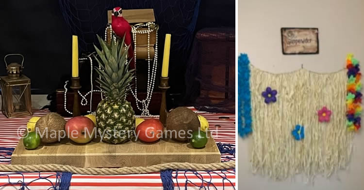 Left photo: Table centerpiece with tropical fruit; right photo: Caribbean-inspred wall hanging.