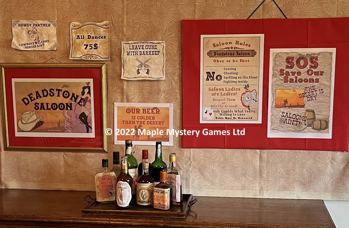 Old West bar with bottles and posters