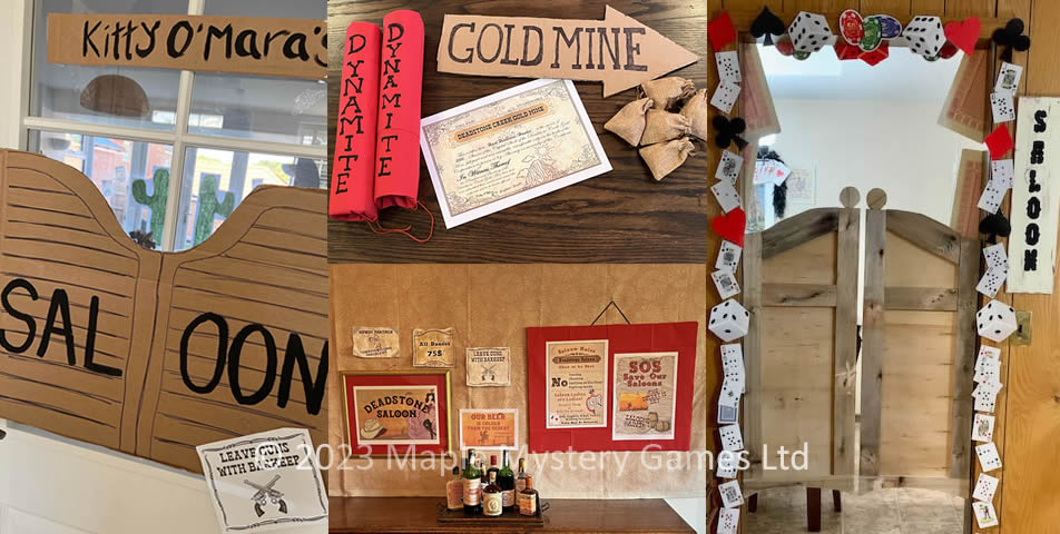 Different saloon decorations for Wild West parties and also gold mine scene