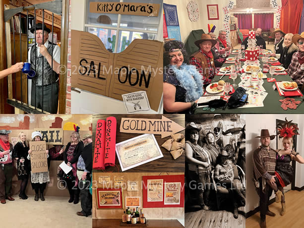 Wild West murder mystery party decorations and costumes: different jail examples, saloon dining table, gold mine scene, saloon bar and customer photos with yee-haw costumes