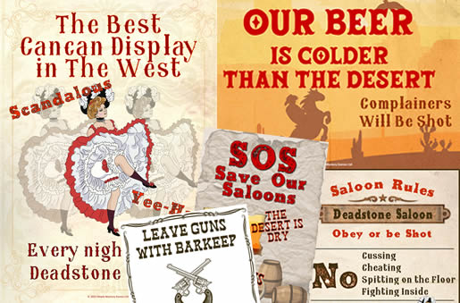 Some of the saloon signs included in your Old Western party kit