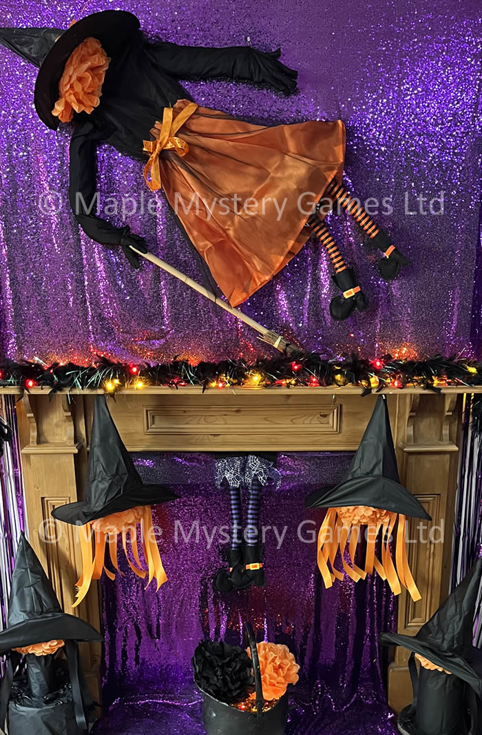 Witchy fireplace: flying witch, witch legs and witch heads