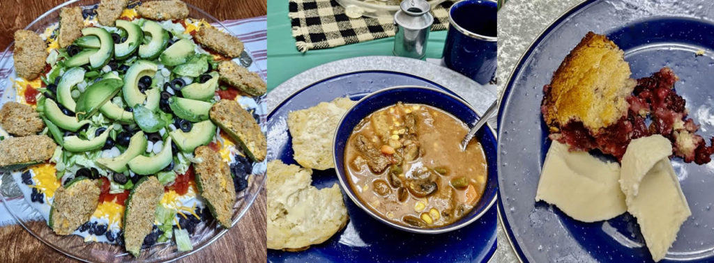 Yummy cowboy food - wagon wheel dip with chipes and quick draw poppers & stuffed jalapeno peppers, chuck wagon stew with cheesy buttermilk biscuits and blackberry cobbler and ice cream